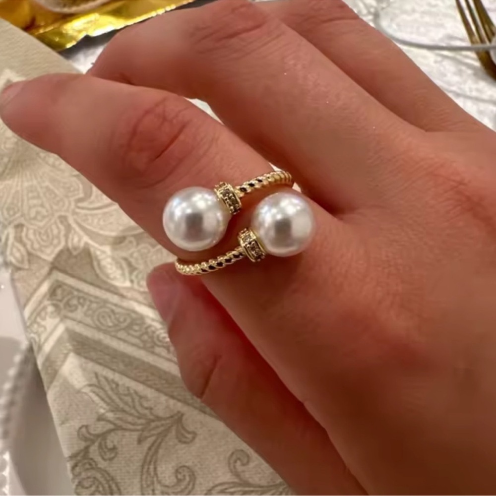 Anthropologie Gold-tone Double Pearl Open Ring